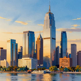 AI-generated artistic illustration example with watercolor cityscape