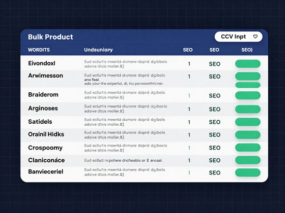 Smart Tables interface showing bulk product descriptions with SEO scores and CSV workflow